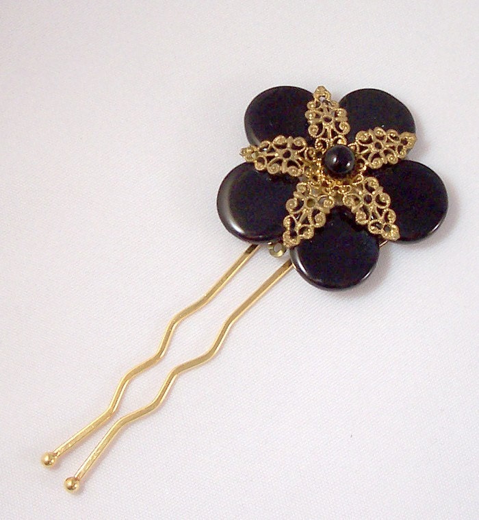 Black and Gold Hair Comb - Vintage OOAK Wedding