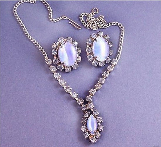 Vintage Glass Moonstone and Blue Rhinestone Stone Demi Set Necklace and Earrings
