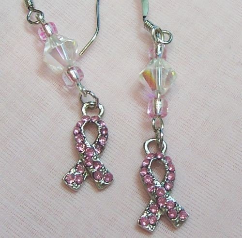 Breast Cancer Awareness Earrings - Dangle Pink Ribbons for pierced ears - OOAK