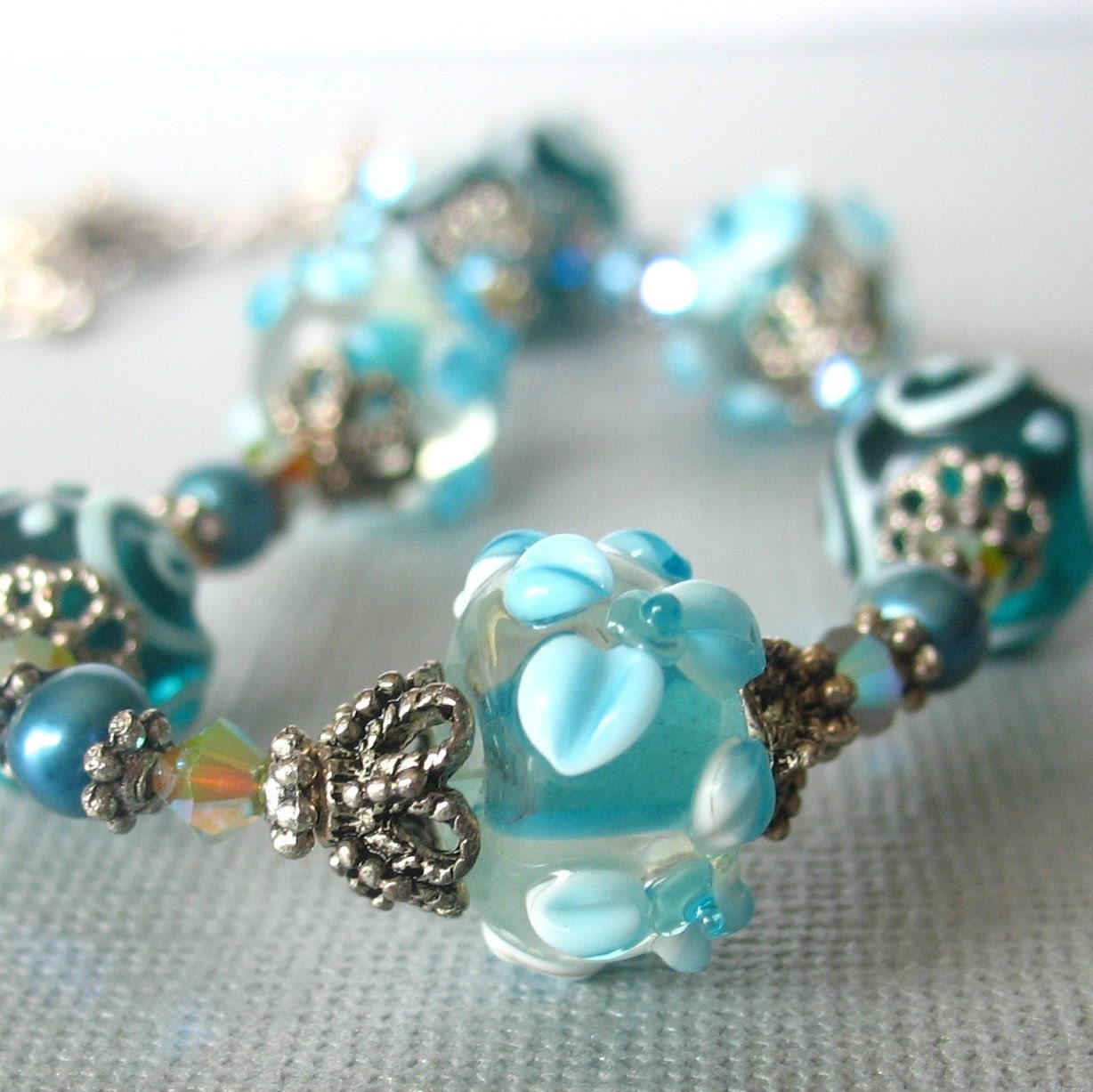 SALE 20% OFF Beaded Flower Jewelry Aqua Lampwork and Teal Glass in Antiqued Silver