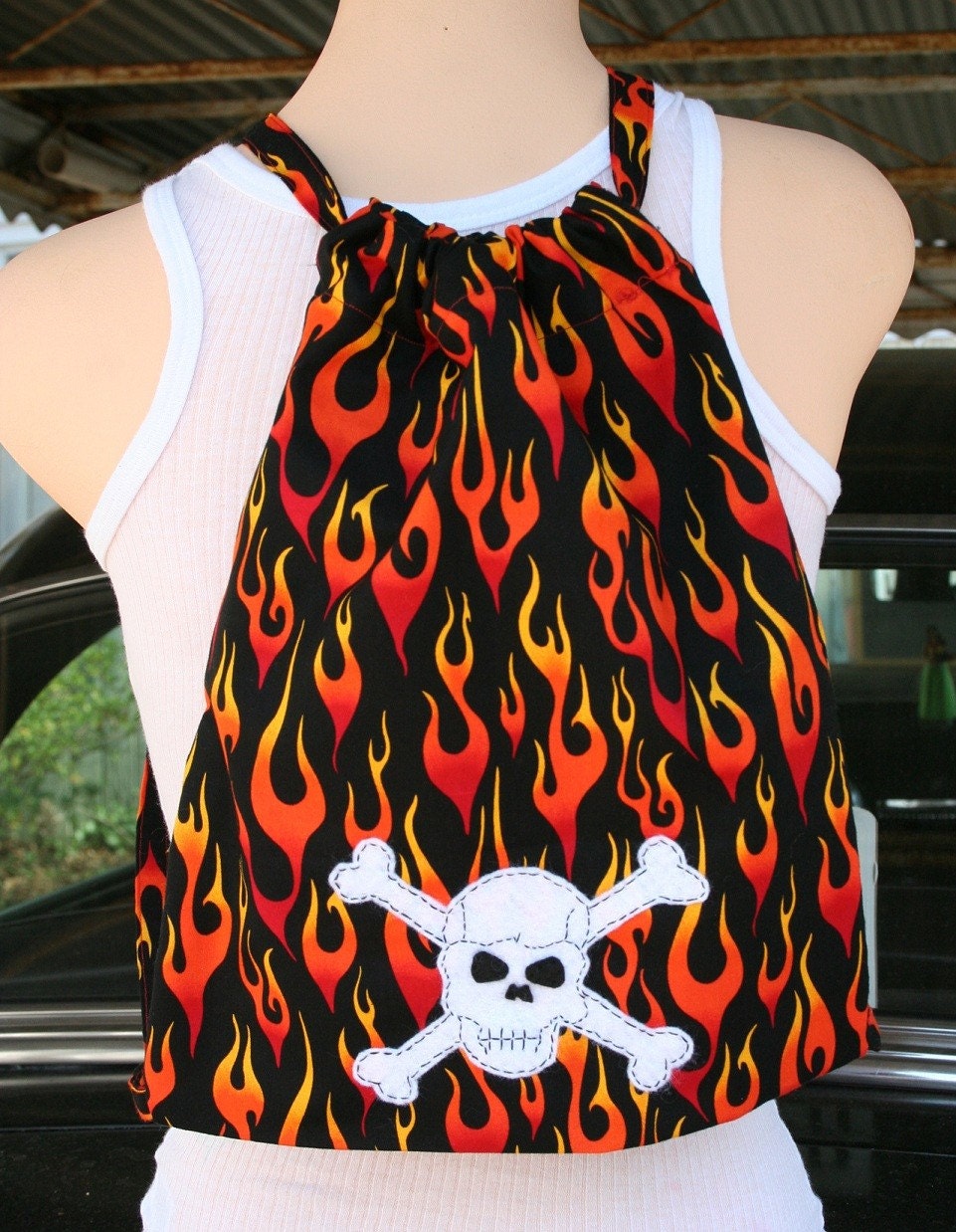 CLEARANCE SALE SAVE 10 Dollars ... Flames and Skull with Cross bones Drawstring Backpack