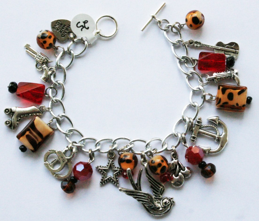 SALE SAVE 5 DOLLARS... Leopard and Red Rockabilly Charm Bracelet