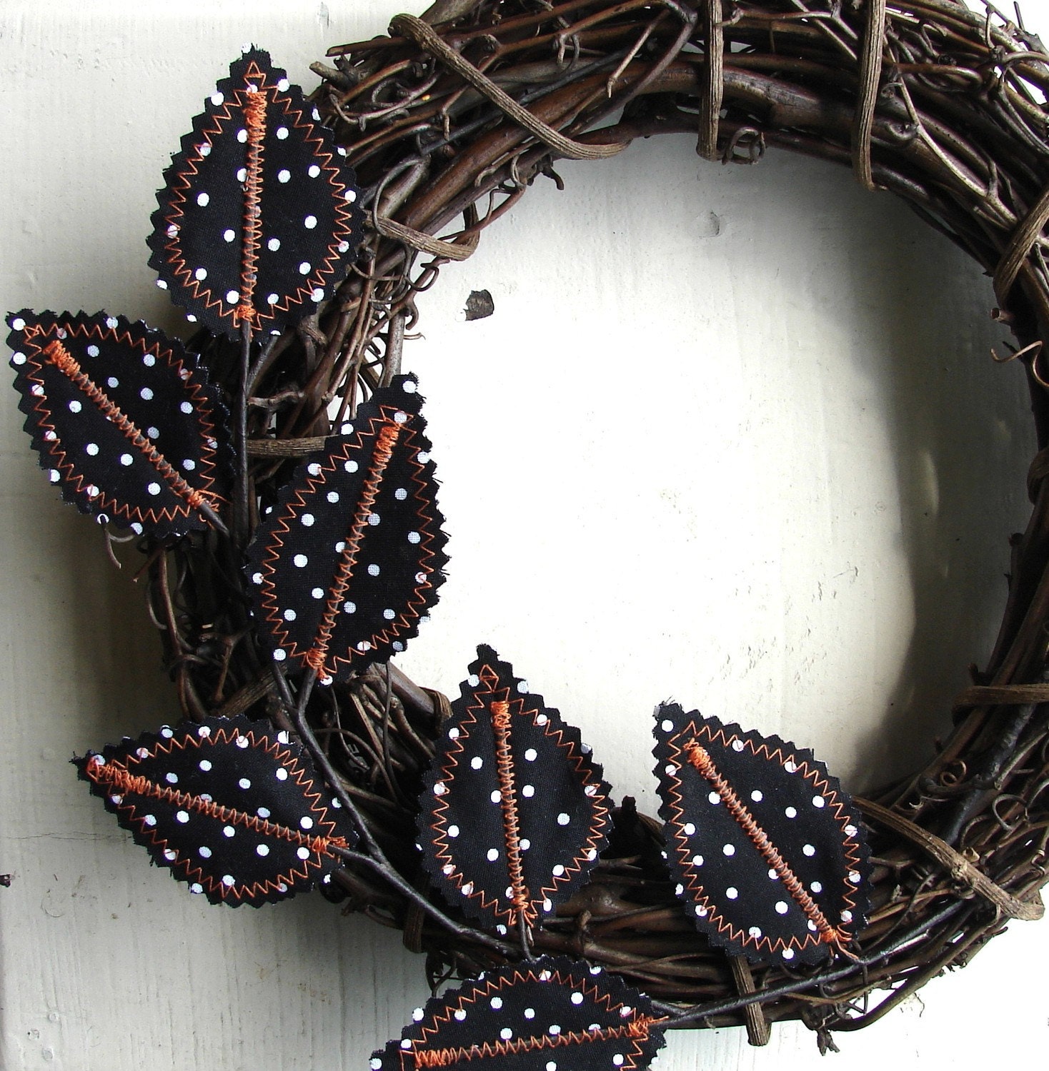 Fabric Leaf Wreath - Halloween Black and White Polka Dot Wall Decor