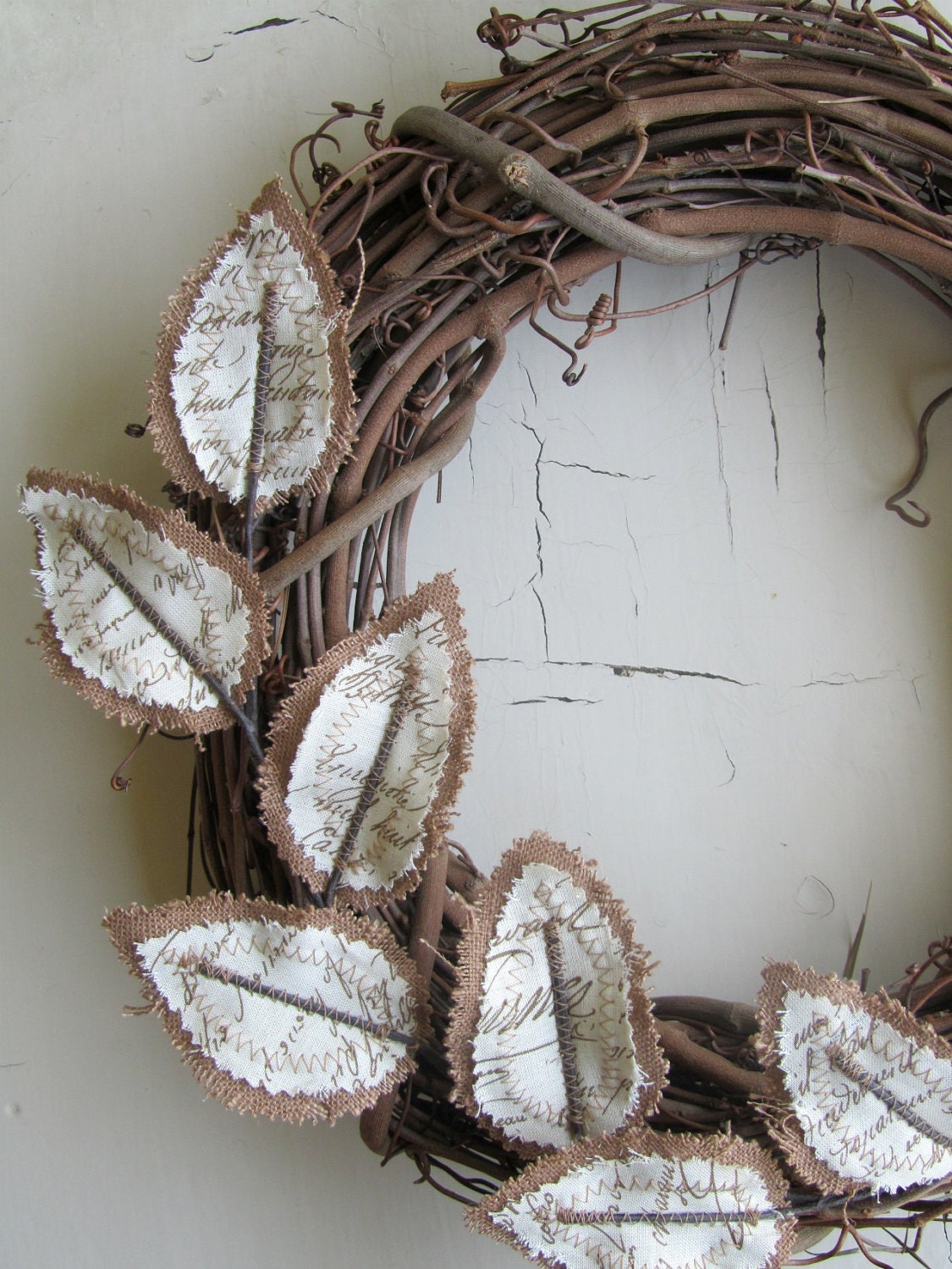 Fabric Leaf Wreath - Burlap Brown Linen Antique Handwriting Script Mother's Day Gift Idea