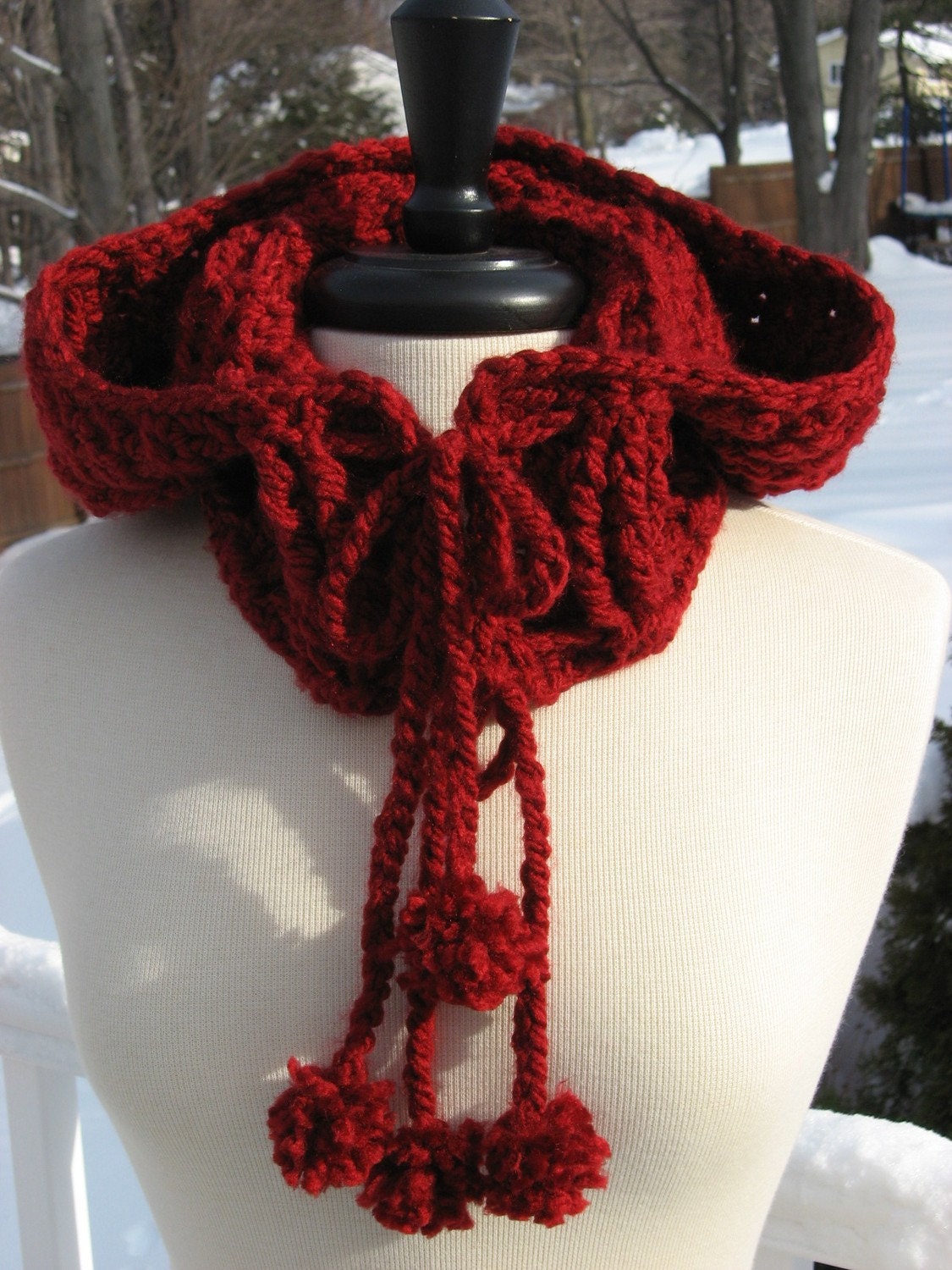 Crochet Pattern, Hooded Ribbed Cowl with drawstring ties,and pom poms too