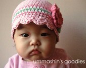 Baby Girl Hat - preppy stripes Flapper Beanie - Pink, Green, White 2T-4T