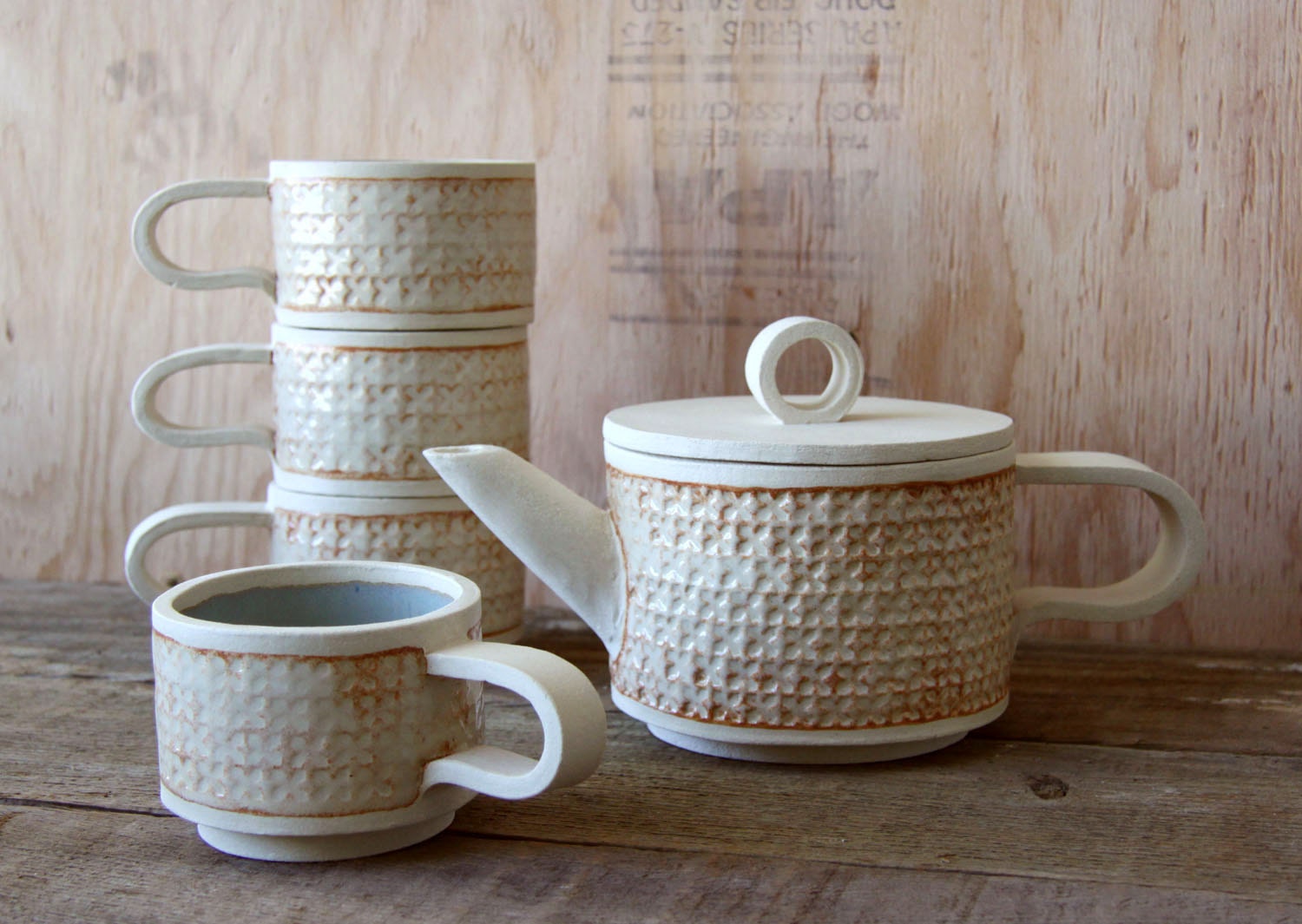 Custom Natural White Sandinavian Rustic Modern Stoneware Tea Set