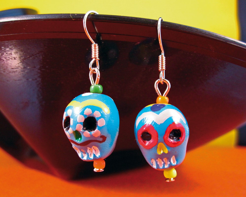 Earrings - Day of the Dead Sugar Skulls - Handmade - Dia de los Muertos