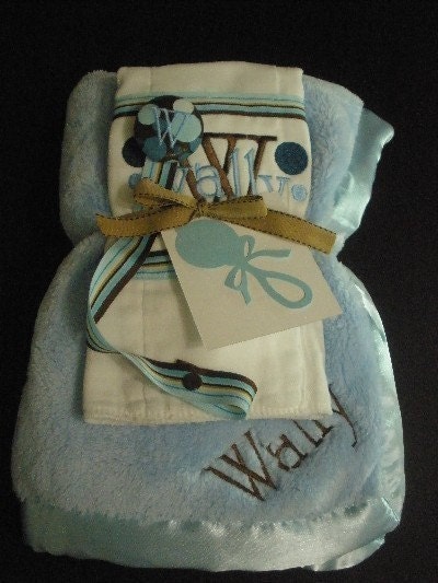 Monogrammed or Personalized Blanket, Burp Cloth and Pacifier Clip