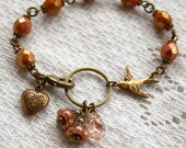 Antique Rose Charm Bracelet - Nature's Beauty - Flowers Heart and Bird