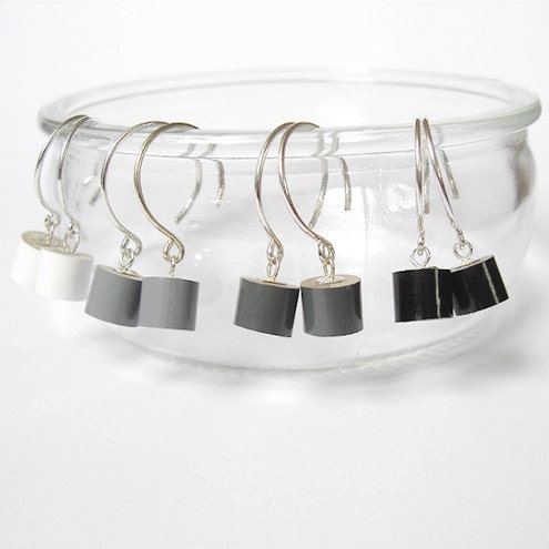 sterling silver color pencil earrings, the black, grey and white series, made in UK