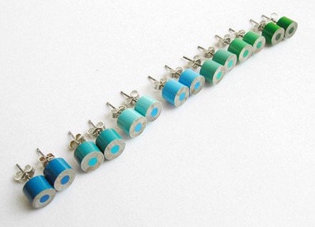 color pencil ear studs, the green and blue series, handmade in England