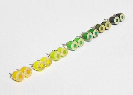 color pencil ear studs, the yellow and green series, handmade in England