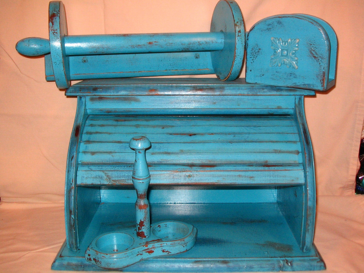 Vintage Wood Tantalizing Turquoise Bread Box, Napkin Holder, Paper Towel Holder, and Salt & Pepper Holder Distressed Shabby Kitchen