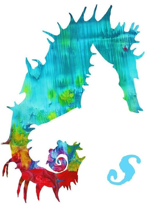 Seahorse Nursery Art Print Childrens Nursery Wall Art Print Childrens Artwork, Bright Colors (S is for Seahorse Aqua version)