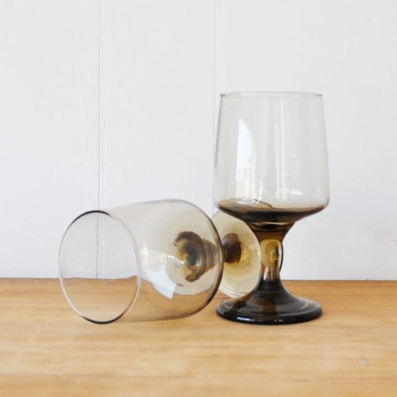 Vintage smoked glass stemware wine glass pair by deEpoca on Etsy