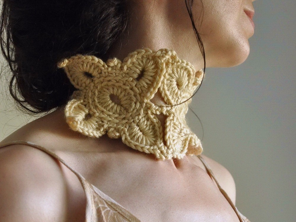 In Search of Spring - crocheted multi-purpose fashion accessory / headband, bib, neckwear, choker, cuff, belt in camel - Gift under 50