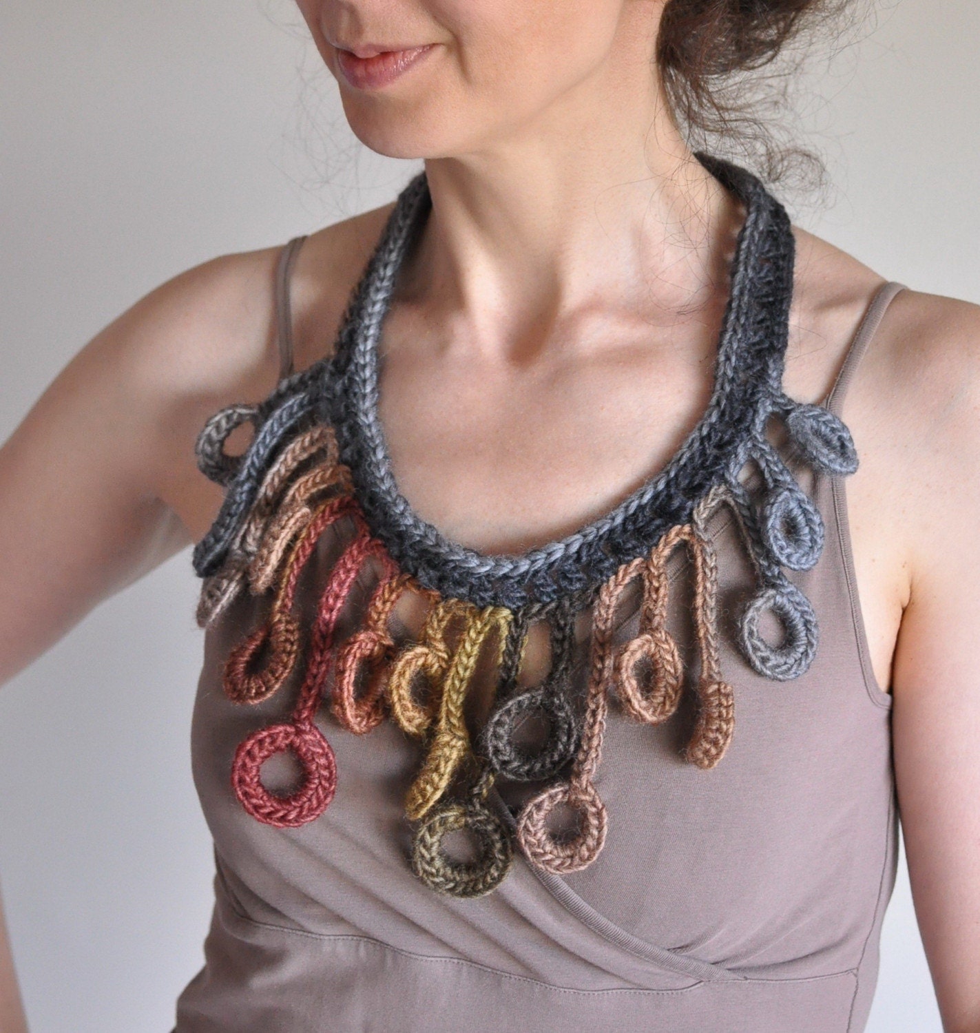 Nakuset - First Nations inspired crocheted collar / necklace / fiber jewelry / fiber art / natural content in stormy sky and earth tones