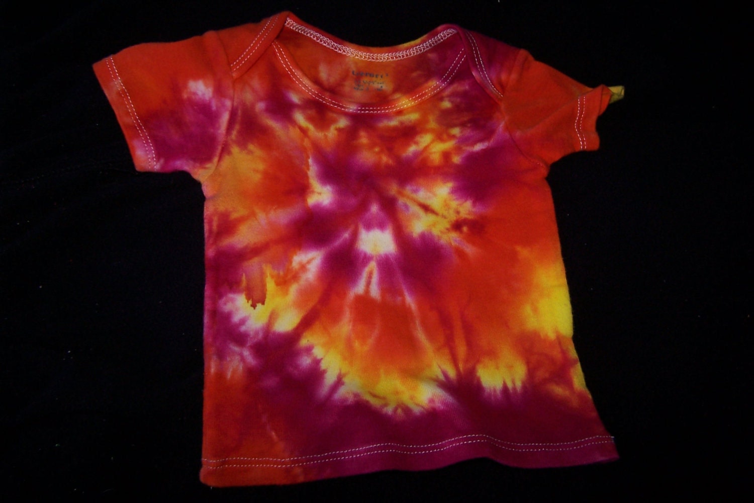 Fuchsia, Orange and Lemon Yellow Spiral Tie Dyed Baby Short Sleeve T Shirt  Size 3-6m