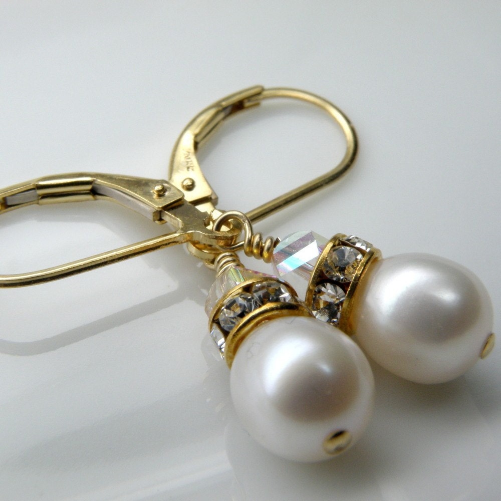Freshwater Pearl Earrings, Drop, Gold, White, Bridal, Wedding, Handmade Jewelry
