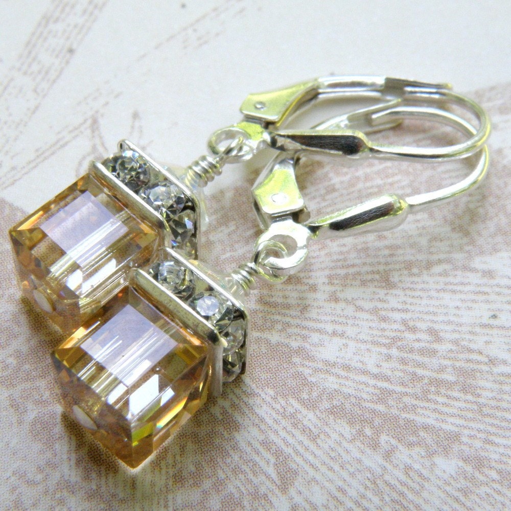 Champagne Petite Cube Earrings, Drop, Dangle, Sterling Silver, Yellow Topaz Hue, Handmade Jewelry, November Birthday, Teen