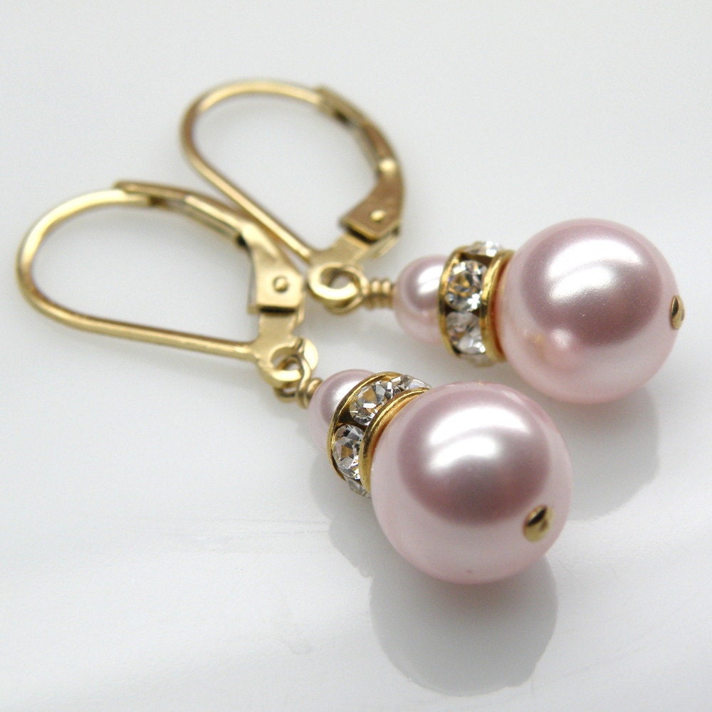 Pink Pearl Earrings, Gold, Drop, Wedding, Bridesmaid, Bridal, Handmade Jewelry, June Birthday