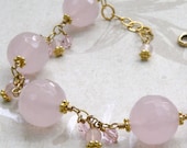 Pink Rose Quartz Gemstone Bracelet, Gold Filled, Handmade Jewelry, Spring Fashion