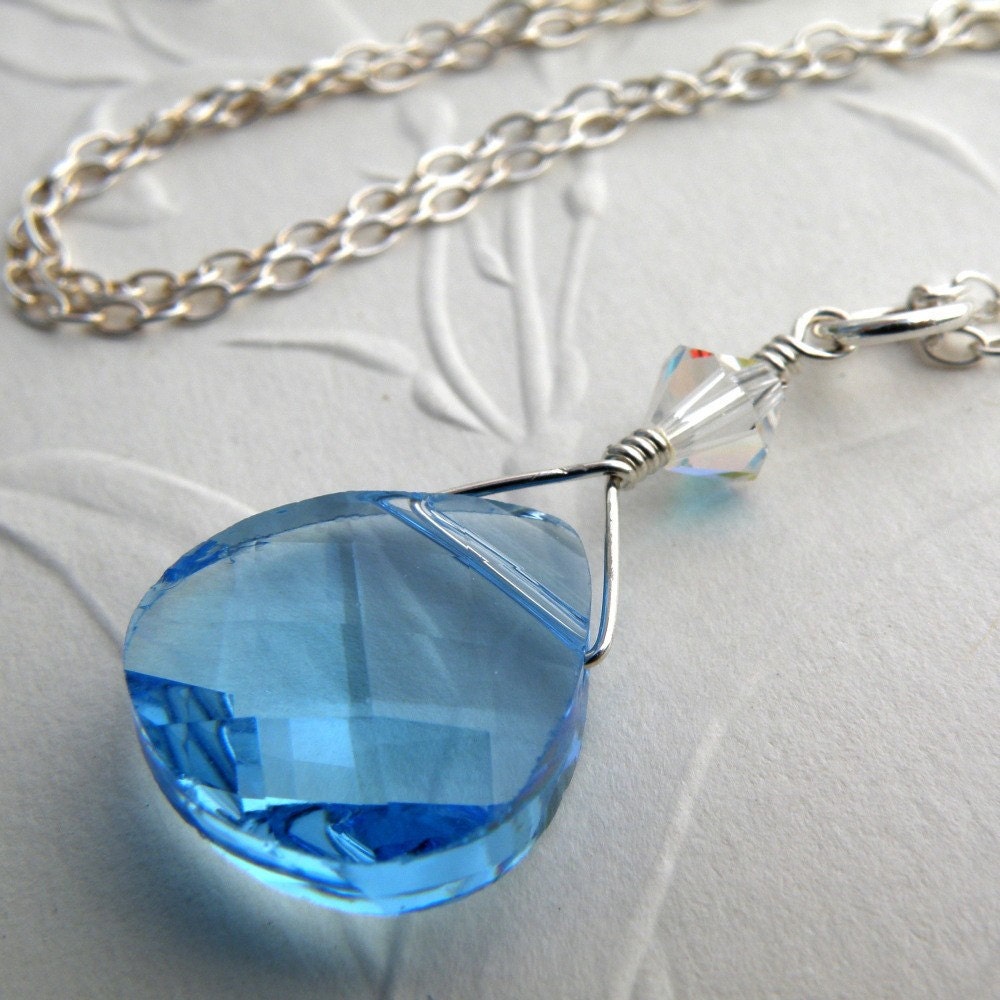 Blue Aquamarine Crystal Necklace, Sterling Silver, Teardrop Pendant, Teal, Wedding, Bridesmaid, Handmade Jewelry