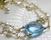 Blue Topaz and Pearl Bracelet, Gold Filled, Teal, Blue, Gemstone, Wedding, Handmade Jewelry, Something Blue, Bride, December Birthday
