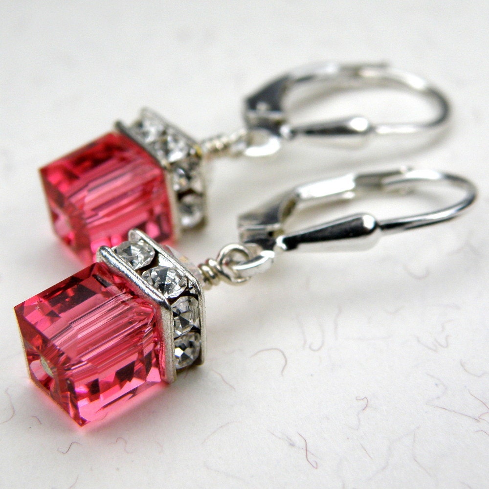 Petite Pink Crystal Earrings, Silver, Indian Sapphire Pink, Drop, Bridesmaid, Wedding, Handmade Jewelry, Spring Fashion
