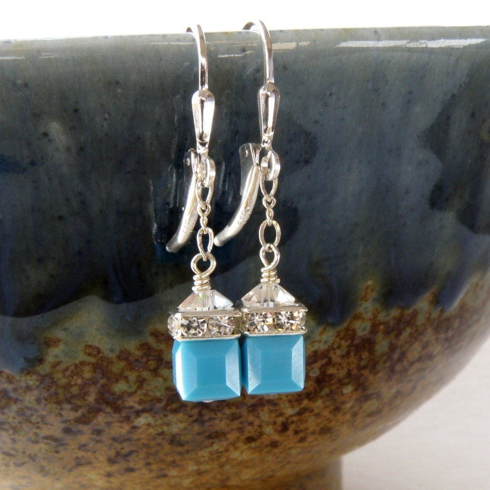 Turquoise Crystal Earrings, Sterling Silver, Teal Blue, Handmade Jewelry, December Birthday, Winter Accessories