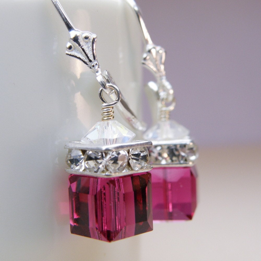 Ruby Crystal Earrings, Sterling Silver, Fuchsia, Dangle, Swarovski, Cube, Wedding, Bridesmaid, Handmade Jewelry
