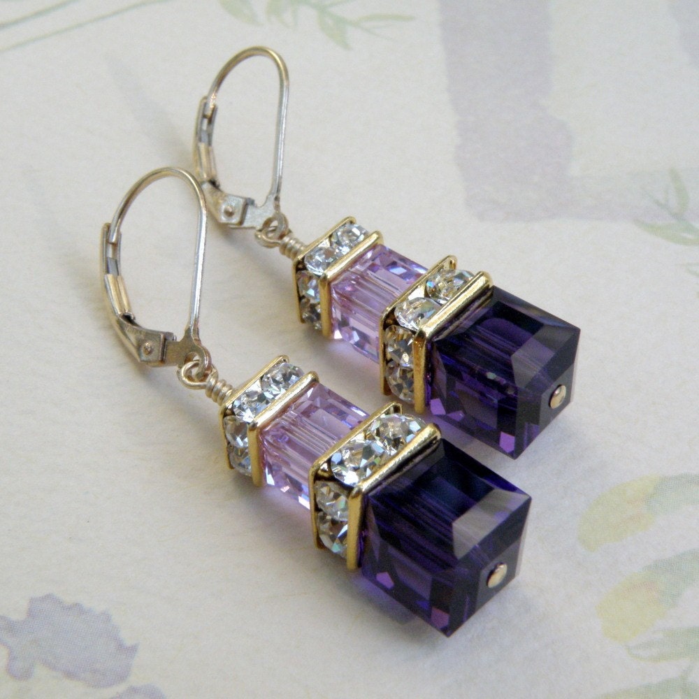 Purple Crystal Earrings, Gold, Eggplant, Violet, Dangle, Bridesmaid, Wedding, Handmade Jewelry, Winter Accessories for Her