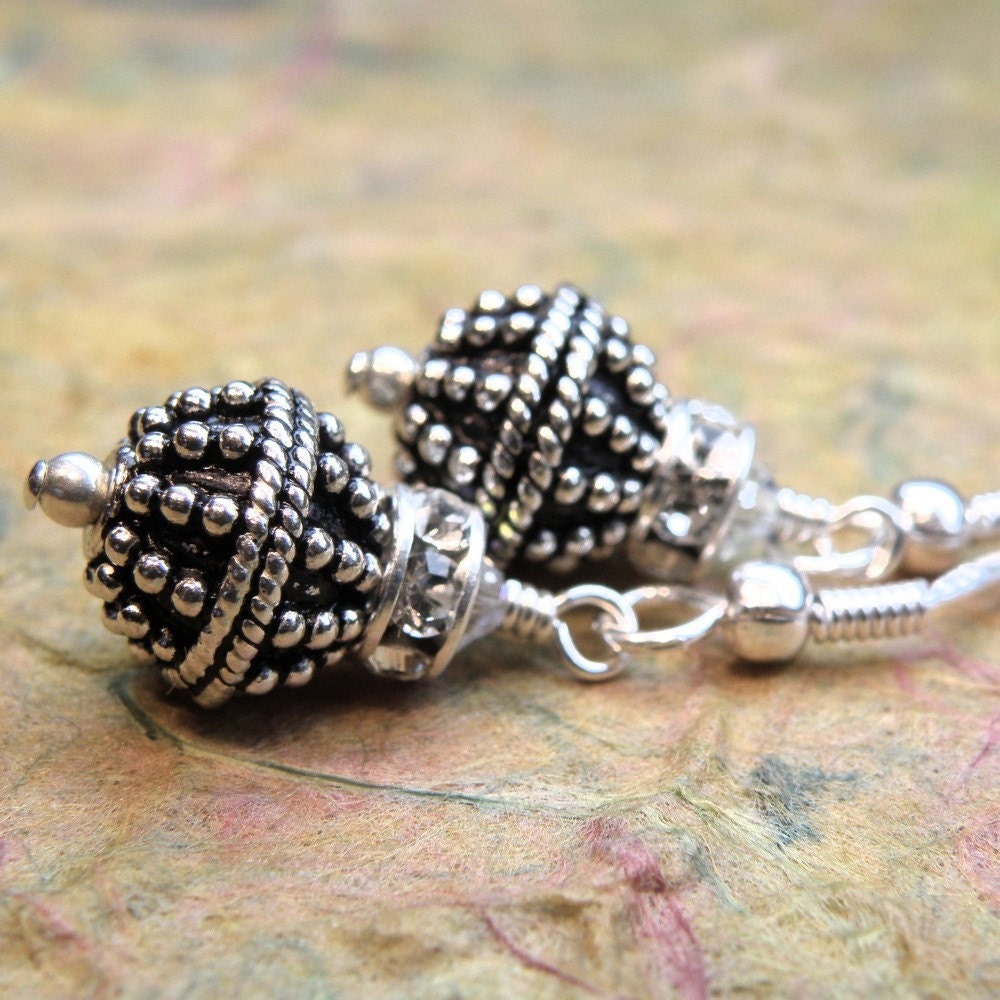 Drop Metal Earrings, Bali Silver, Crystal, Sterling, Handmade Jewelry