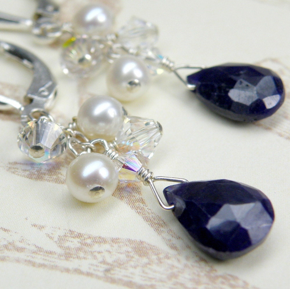Sapphire Earrings, Sterling Silver, Blue Gemstone, Pearls, Handmade Jewelry