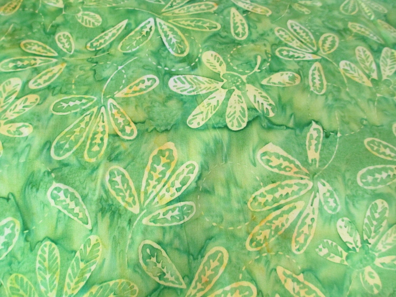 Green Leaf Flower Tonga Batik Fabric by QuiltsFabricandmore