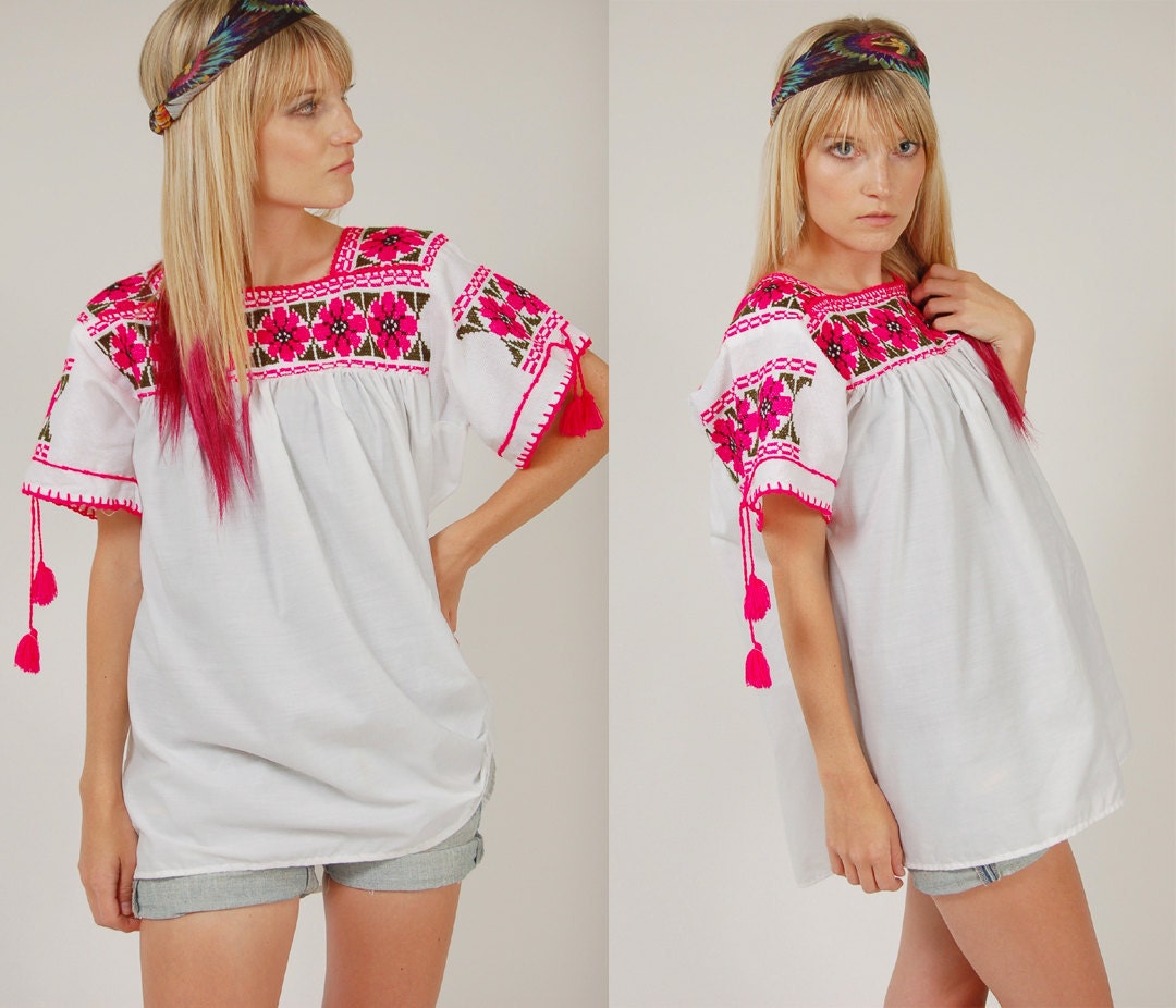 Vintage 80s Ethnic Tunic Fuchsia Embroidered Boho Festival Top O/S