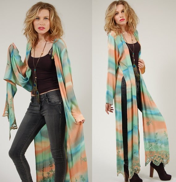 Vintage 80s RAINBOW Duster Pastel WATERCOLOR Embroidered Festival Jacket