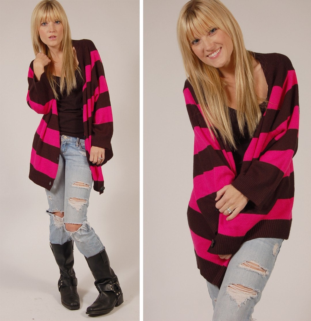 SALE Vintage 80s SLOUCHY Pink and Black Stripe Indie Sweater