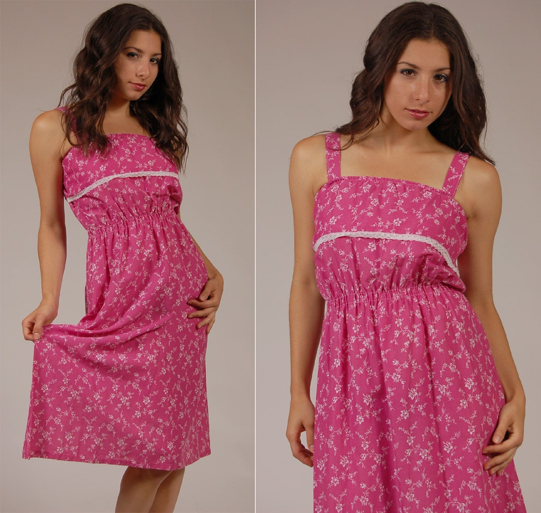 Vintage 70s Sun Dress Pink FLORAL Print Ruffle Lace S/M