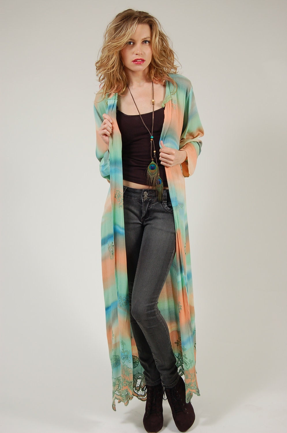 Vintage 80s RAINBOW Duster Pastel WATERCOLOR Embroidered Festival Jacket