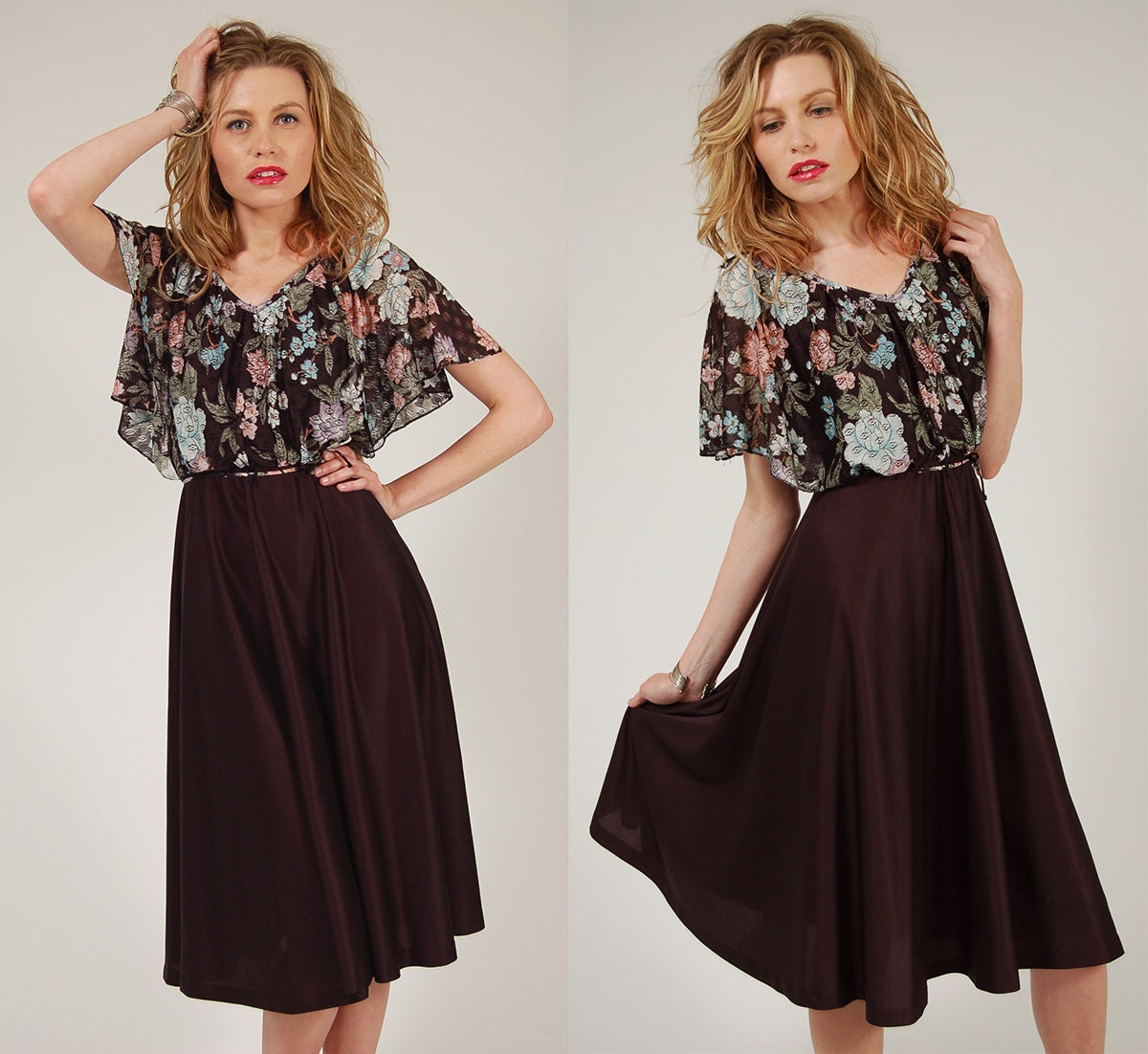 Vintage 70s Boho Day Dress Black FLORAL Midi w/ FLUTTER Sleeves