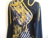 15% Off Steampunk Gold Braid Patchwork Print Peacoat Crazy Conductor Jacket Medium M Unique Handmade Upcycled Recycled Printed OOAK