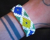 SALE Native American Pattern Tribal Beaded Loom Woven Seed Bracelet Handmade OOAK Discount Second 7" Medium Wrist Blue Yellow Green White