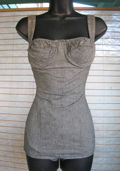 RARE 50s GREY CHAMBRAY Swimsuit Playsuit Bathing Suit 1950s Dead Stock Holland