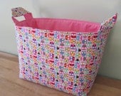 LARGE Fabric Organizer Basket Storage Container Bin - Size Large - Tiny Owls in Pink