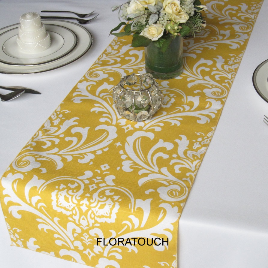 Wedding  runner table floratouch on Yellow wedding by Traditions Table Damask yellow White for