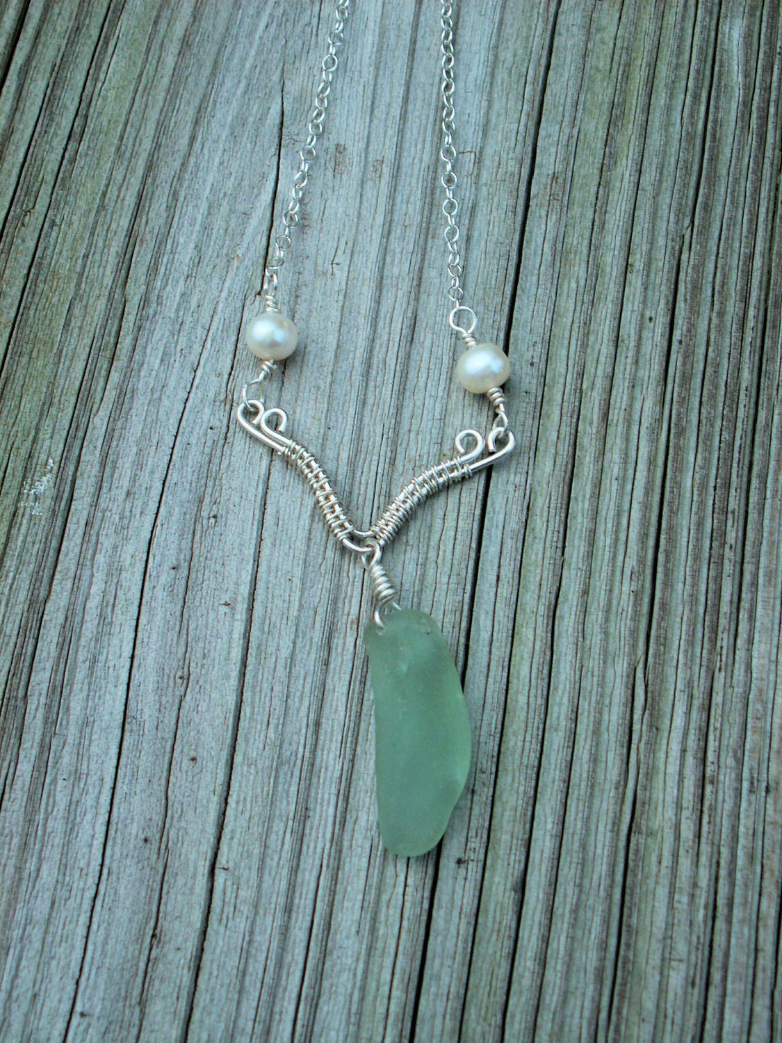 Lake Erie beach glass wire-wrapped pendant