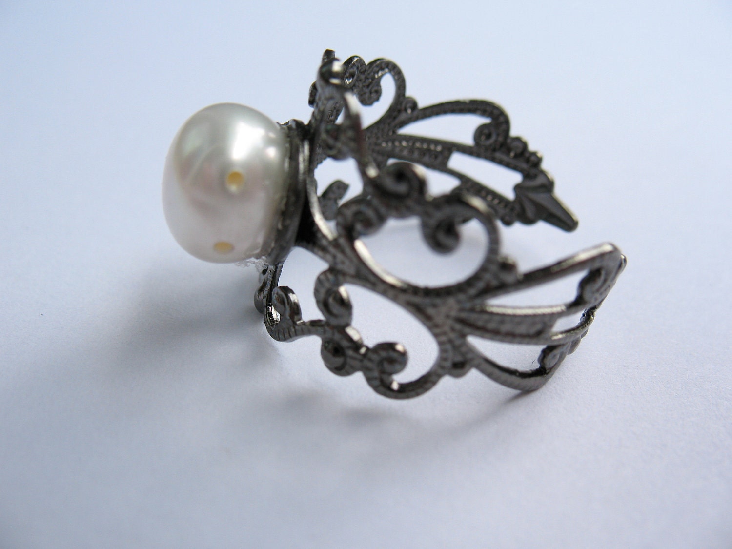 Freshwater Pearl Ring - Gunmetal Vintage-Style Filigree Ring with 9mm Freshwater Pearl Bead, Adjustable