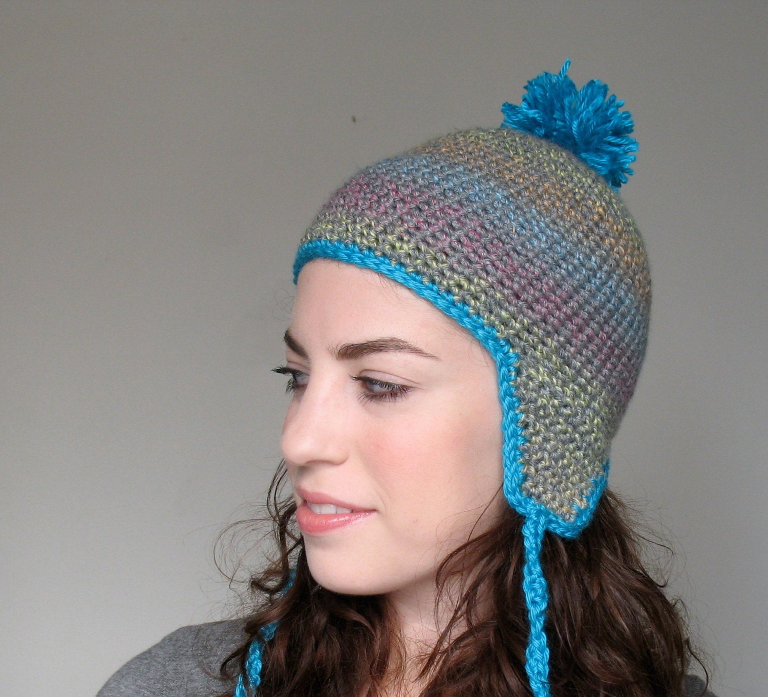 Snow Bunny Hat 2 - Tweed with ear flaps and pom pom
